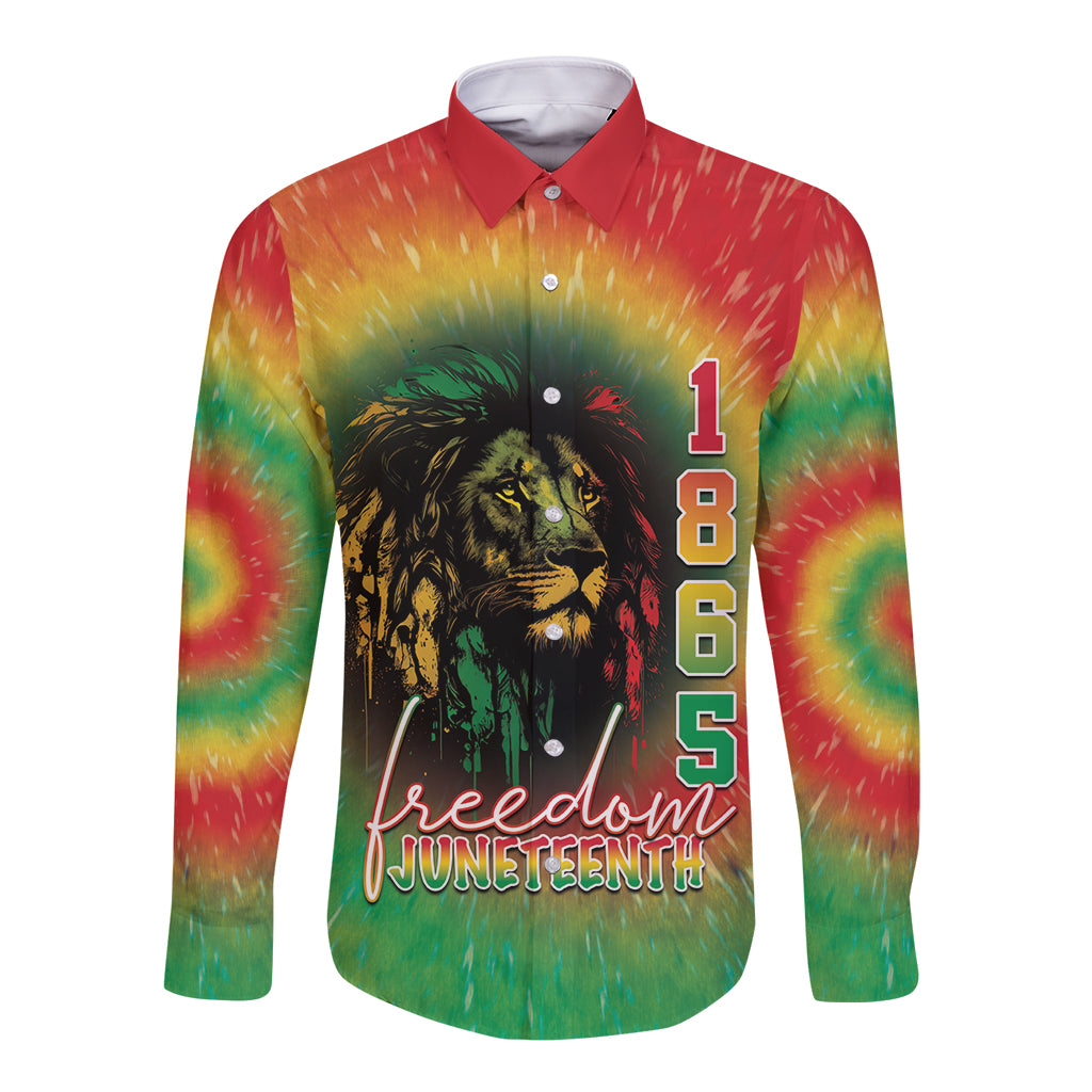 Unisex long sleeve button shirt with rainbow tie-dye and lion Juneteenth graphic