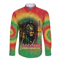 Unisex long sleeve button shirt with rainbow tie-dye and lion Juneteenth graphic