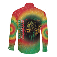 Unisex long sleeve button shirt, rainbow tie-dye with lion and vertical Juneteenth text
