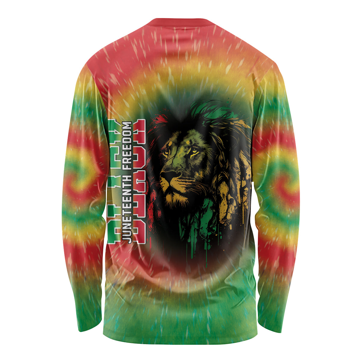 Unisex long-sleeve tie-dye shirt with lion graphic and vertical 'Juneteenth Freedom 1865'