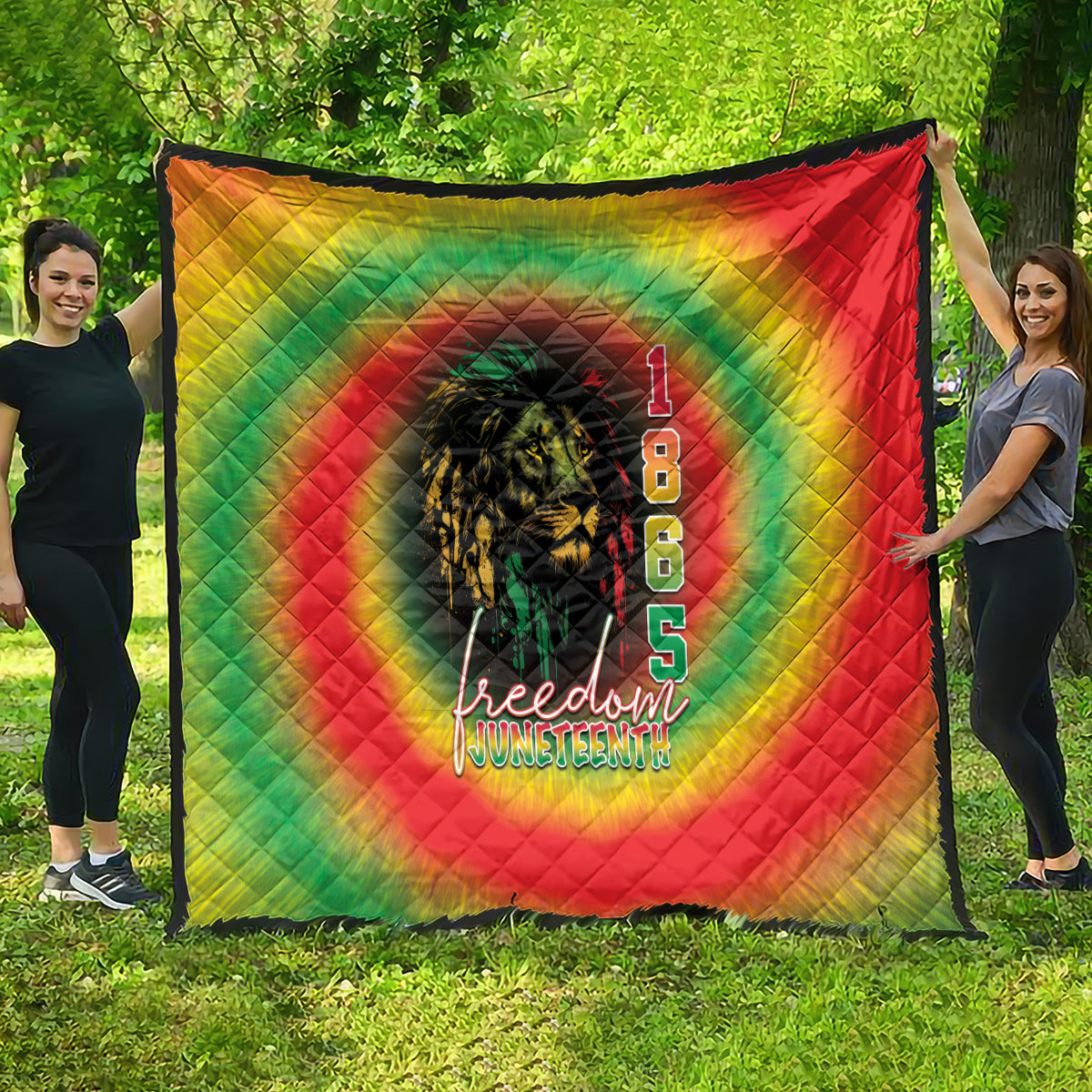 Juneteenth freedom day quilt, colorful red green yellow tie-dye with lion face and 1865