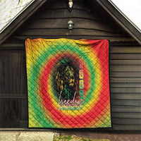Juneteenth freedom quilt with lion portrait in red, green, and yellow tie-dye circle