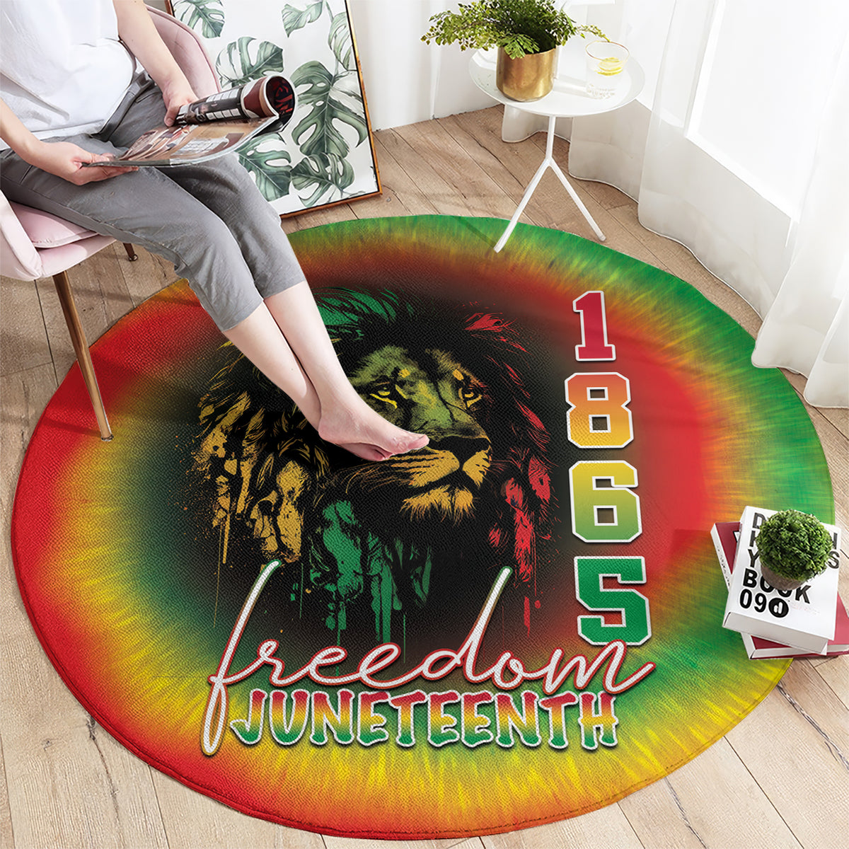 Round tie-dye Juneteenth rug with lion graphic and “Freedom Juneteenth” text