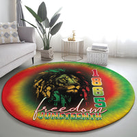 Round tie-dye freedom Juneteenth rug with lion artwork and “Freedom Juneteenth”