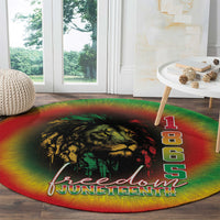 Round tie-dye rug with lion graphic and “Freedom Juneteenth” text, 1 8 6 5 motif