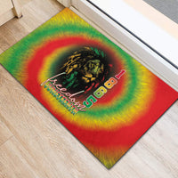 Reggae tie-dye rubber doormat showing lion portrait with red ring and 1865