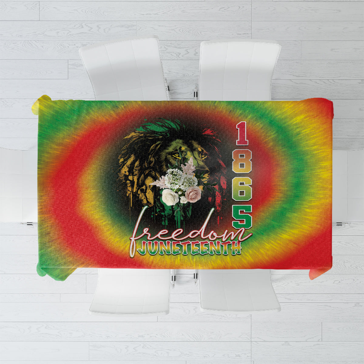 Juneteenth Freedom Day tablecloth with central black portrait and text 1865 Freedom Juneteenth
