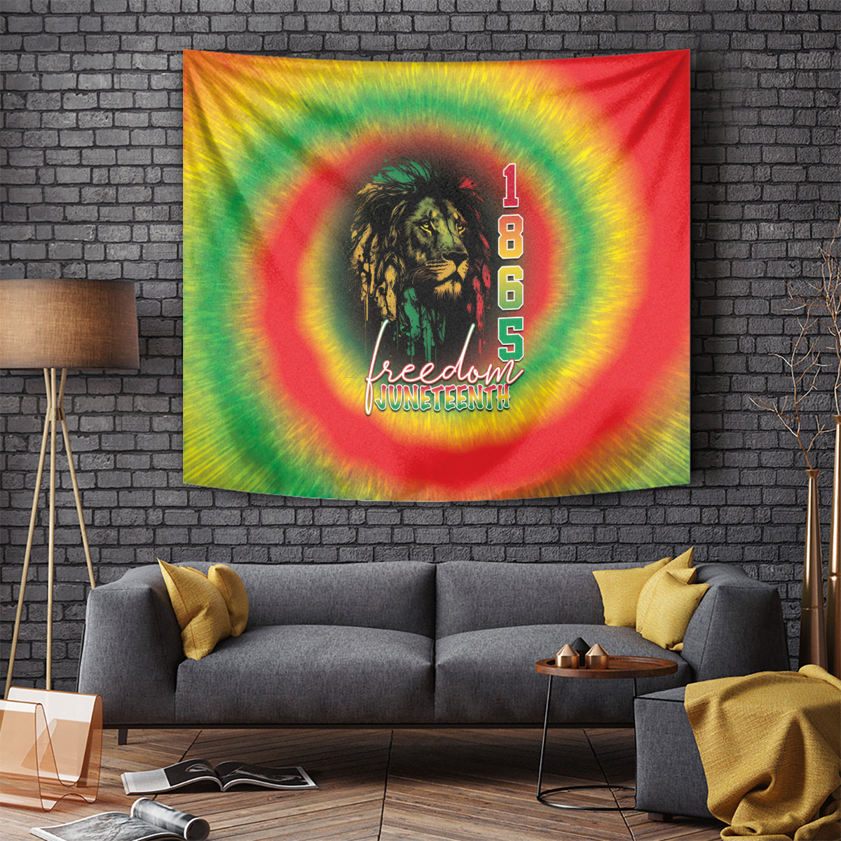 Juneteenth freedom day tapestry wall hanging, reggae tie-dye lion with “Freedom Juneteenth” 1865