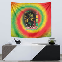 Juneteenth freedom day tapestry on wall, reggae tie-dye lion, “Freedom Juneteenth” and 1865