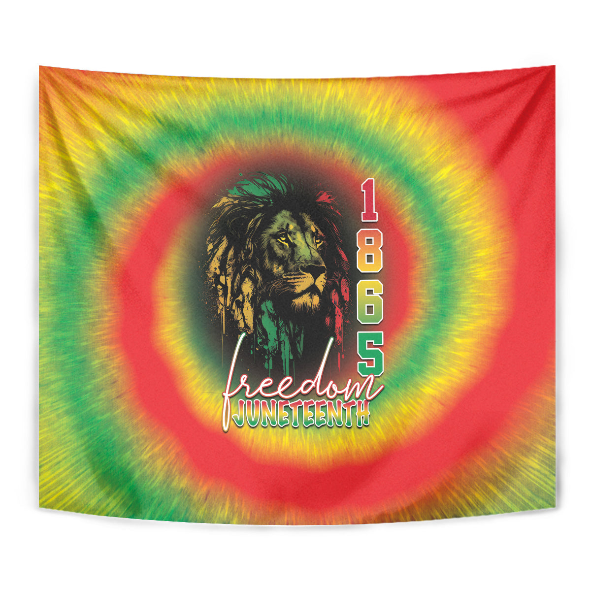 Juneteenth freedom day tapestry close-up, reggae tie-dye lion and “Freedom Juneteenth” 1865