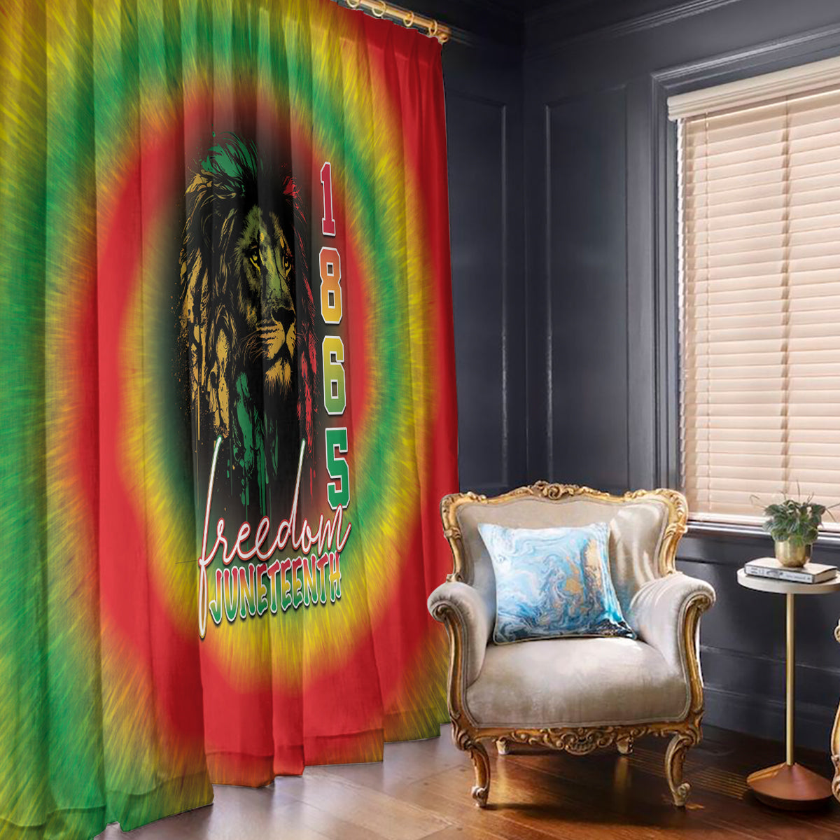 Juneteenth window curtain with rainbow tie-dye, black statue graphic and 1865 text