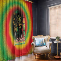 Juneteenth window curtain with rainbow tie-dye, black statue graphic and 1865 text