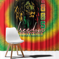 Juneteenth window curtain, rainbow tie-dye with black lion graphic and Juneteenth lettering
