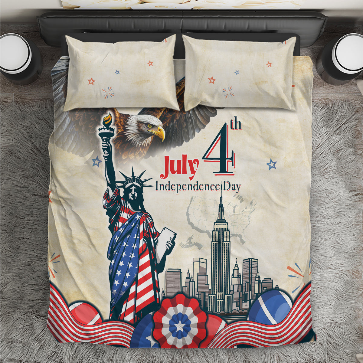 Beige July 4 bedding set with eagle, Statue of Liberty, July 4 graphic and two pillows