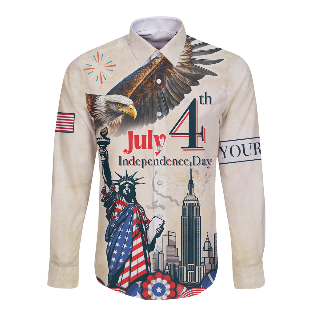 Beige long-sleeve button shirt with front Independence Day eagle and 4th of July graphic