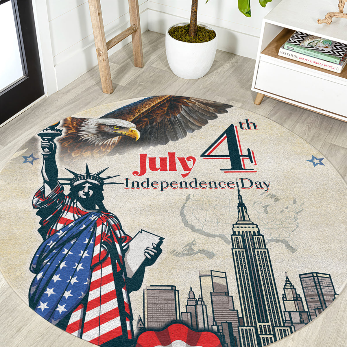 Beige round Independence Day carpet featuring Statue of Liberty, eagle, and “July 4th” text