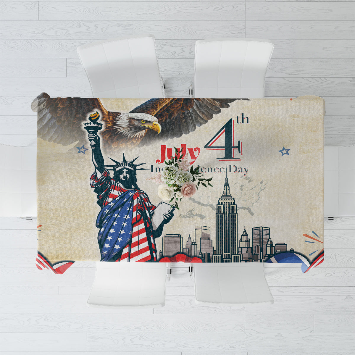 Beige 4th of July tablecloth with eagle, Liberty, and city skyline print