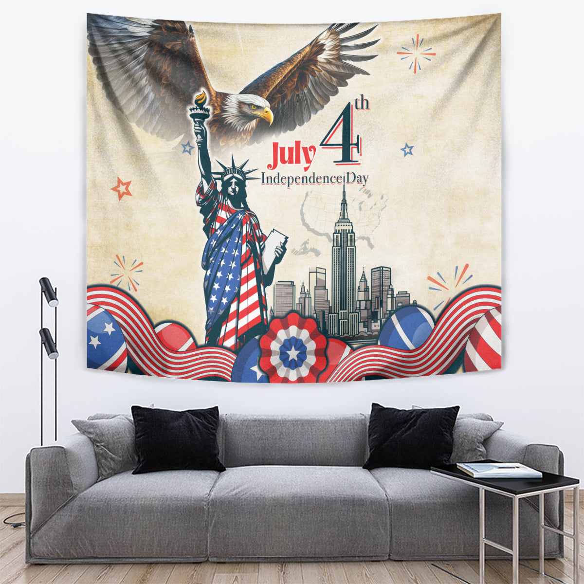 Beige Independence Day tapestry with Lady Liberty, eagle, fireworks, and July 4 text