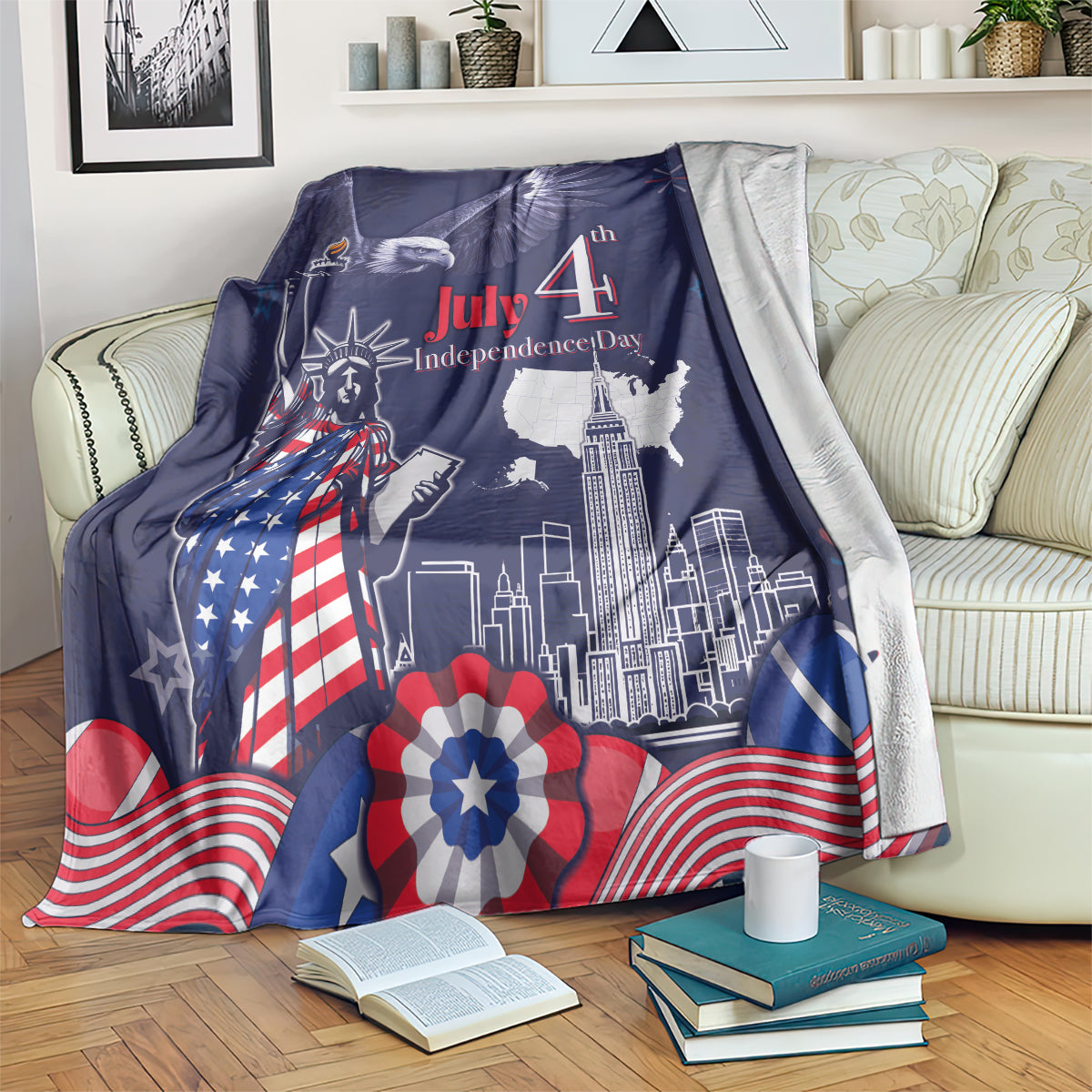 Navy July 4 Independence Day blanket with eagle, Statue of Liberty, and skyline print