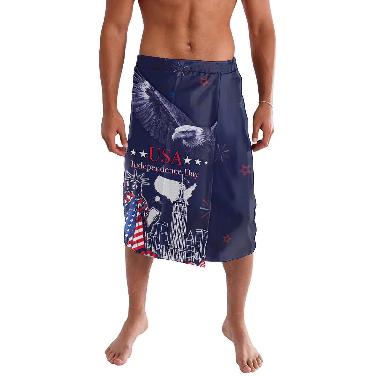 Men's navy pull-on shorts with USA Independence Day eagle and city graphic