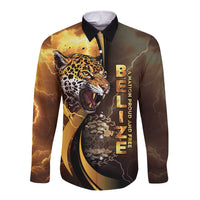 Long-sleeve button shirt, black collar; gold and dark leopard graphic with lightning