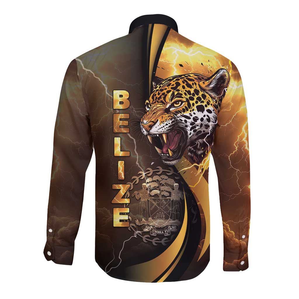Long-sleeve button shirt, black collar; leopard graphic with vertical text on front