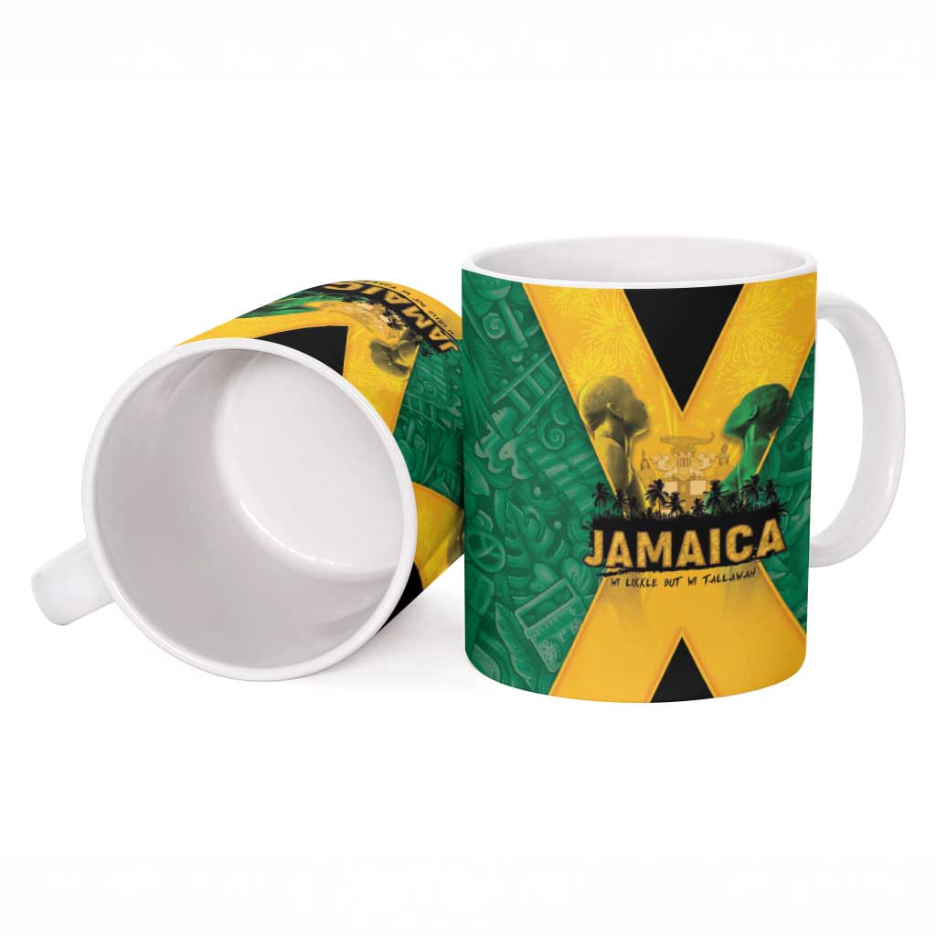 Green ceramic Jamaica mug with X graphic, shown with open top and side view