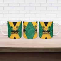 Set of three green Jamaica ceramic mugs with black and gold X designs