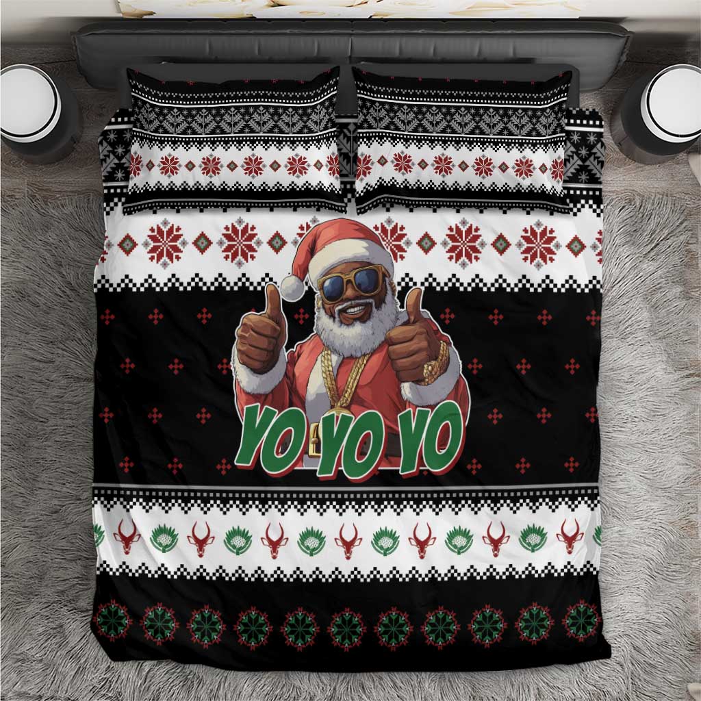 Black Christmas bedding set with hip hop Santa "Yo Yo Yo" graphic and patterned trim