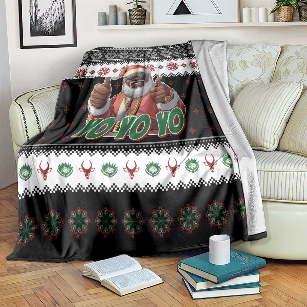 Black Christmas throw blanket with hip hop Santa and YO YO YO print, snowflake border.