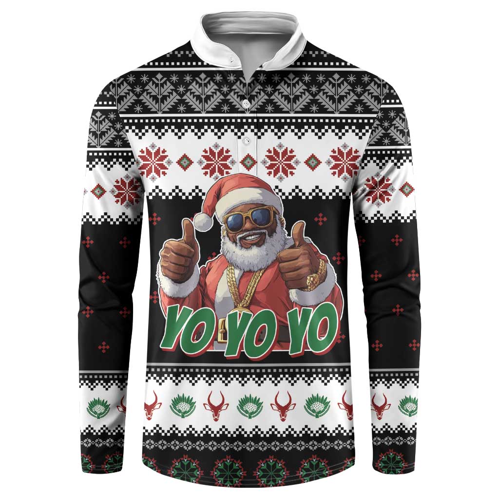 Black button-front sweatshirt with festive Santa print and Yo Yo Yo lettering