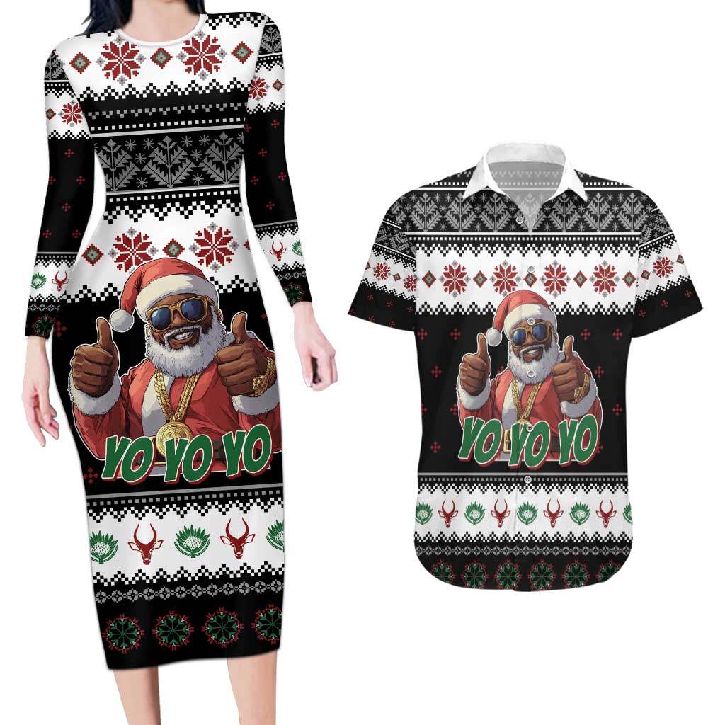 South Africa Christmas Couples Matching Long Sleeve Bodycon Dress and Hawaiian Shirt Hip Hop Santa Claus LT05 - Wonder Print Shop