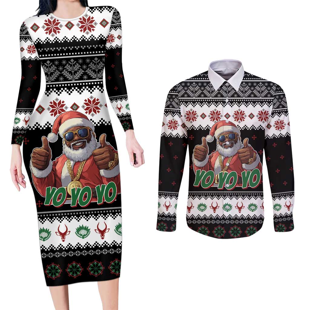 South Africa Christmas Couples Matching Long Sleeve Bodycon Dress and Long Sleeve Button Shirt Hip Hop Santa Claus LT05 - Wonder Print Shop