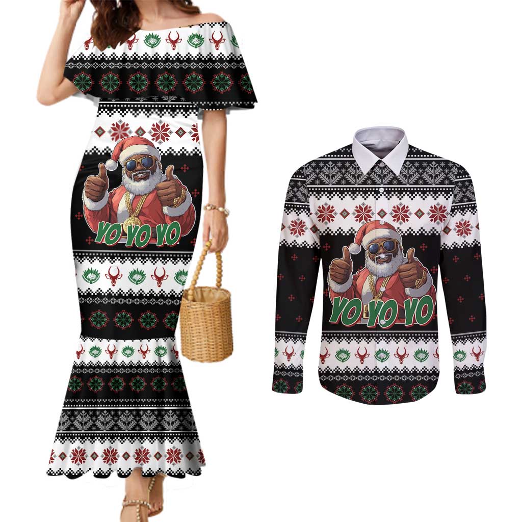 South Africa Christmas Couples Matching Mermaid Dress and Long Sleeve Button Shirt Hip Hop Santa Claus