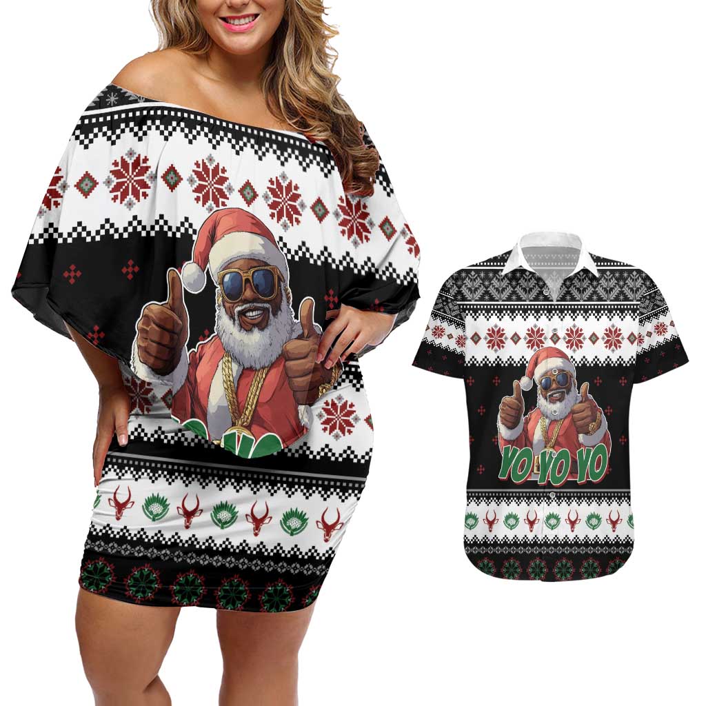 South Africa Christmas Couples Matching Off Shoulder Short Dress and Hawaiian Shirt Hip Hop Santa Claus LT05 - Wonder Print Shop