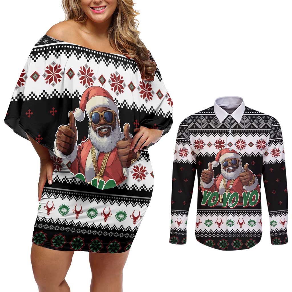 South Africa Christmas Couples Matching Off Shoulder Short Dress and Long Sleeve Button Shirt Hip Hop Santa Claus LT05 - Wonder Print Shop