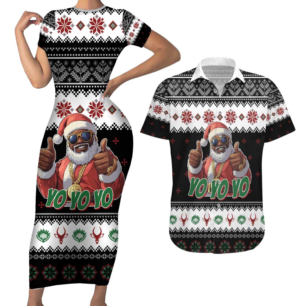 South Africa Christmas Couples Matching Short Sleeve Bodycon Dress and Hawaiian Shirt Hip Hop Santa Claus LT05 - Wonder Print Shop