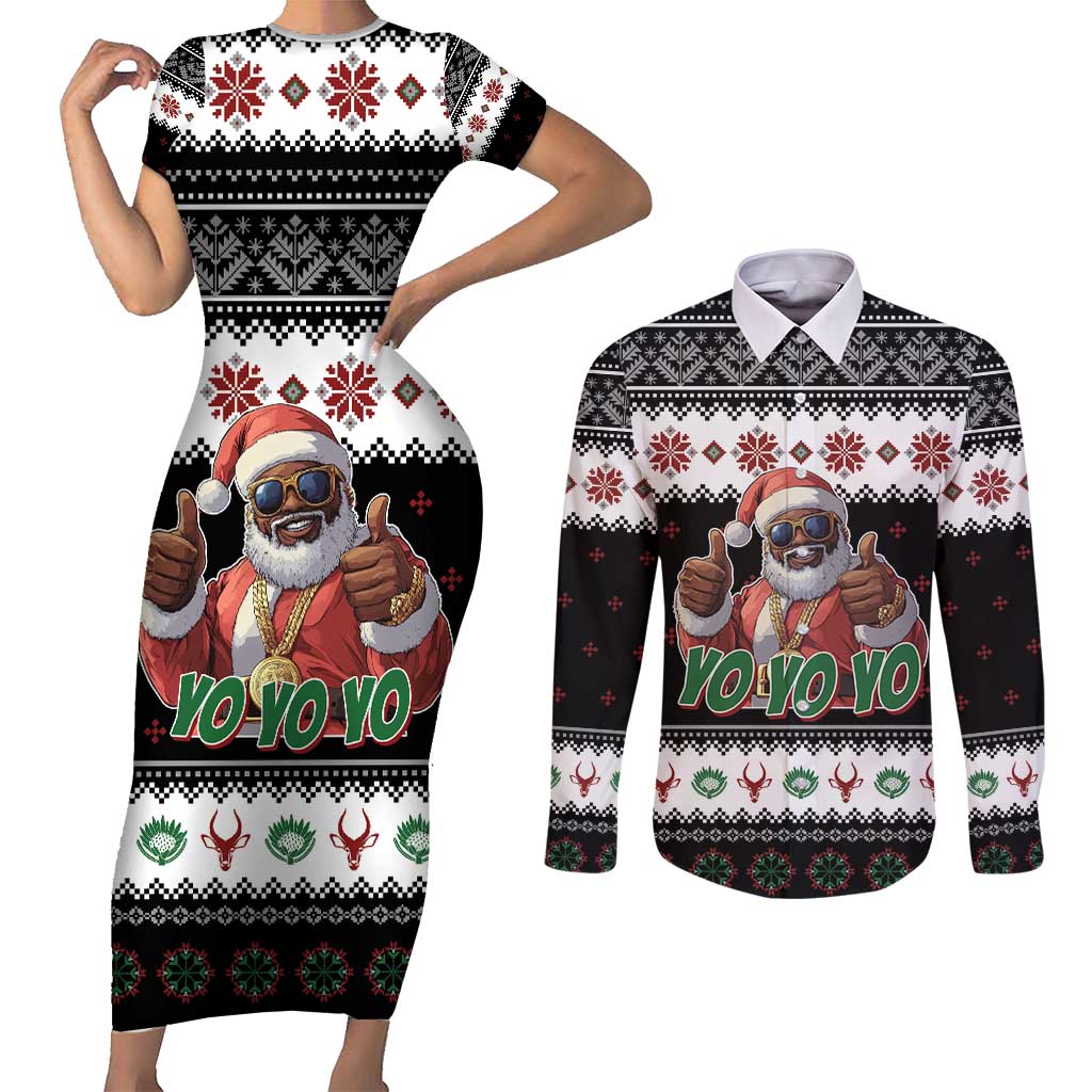 South Africa Christmas Couples Matching Short Sleeve Bodycon Dress and Long Sleeve Button Shirt Hip Hop Santa Claus LT05 - Wonder Print Shop