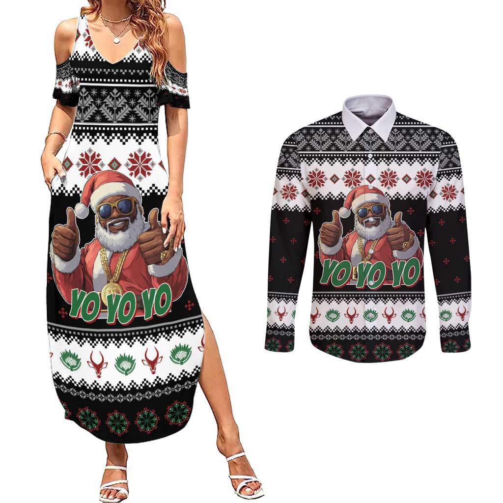 South Africa Christmas Couples Matching Summer Maxi Dress and Long Sleeve Button Shirt Hip Hop Santa Claus LT05 - Wonder Print Shop