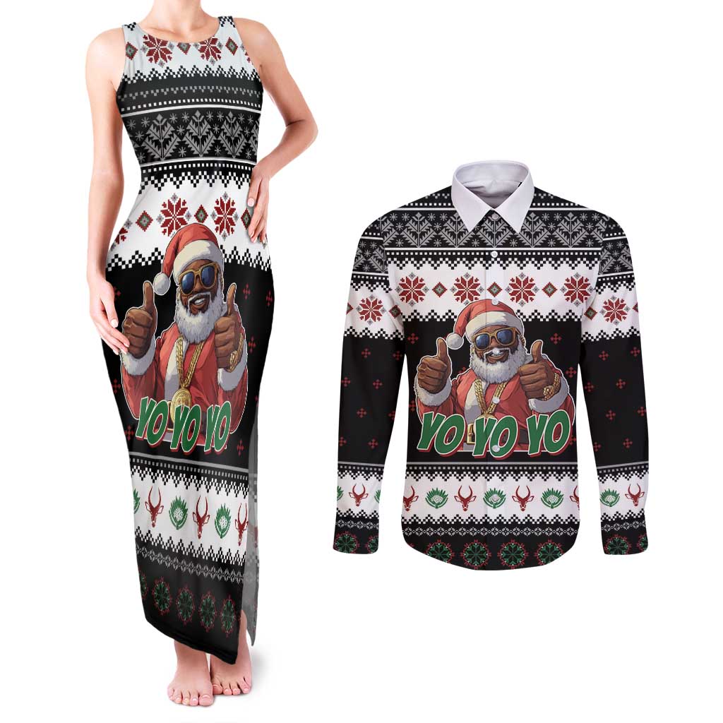 South Africa Christmas Couples Matching Tank Maxi Dress and Long Sleeve Button Shirt Hip Hop Santa Claus LT05 - Wonder Print Shop