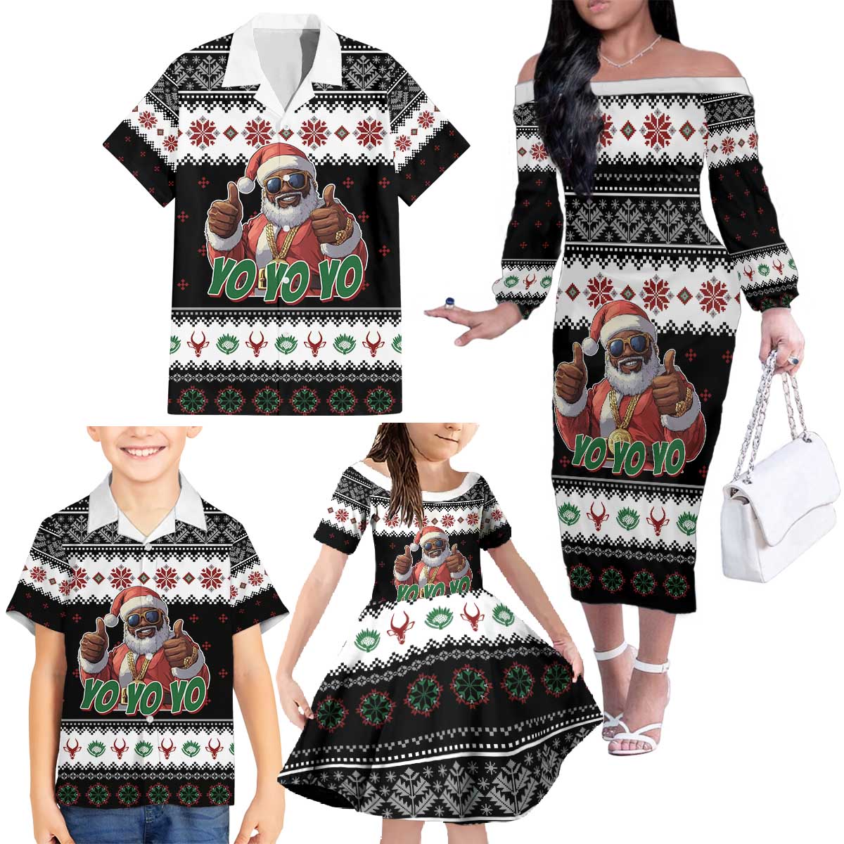 South Africa Christmas Family Matching Off The Shoulder Long Sleeve Dress and Hawaiian Shirt Hip Hop Santa Claus LT05 - Wonder Print Shop