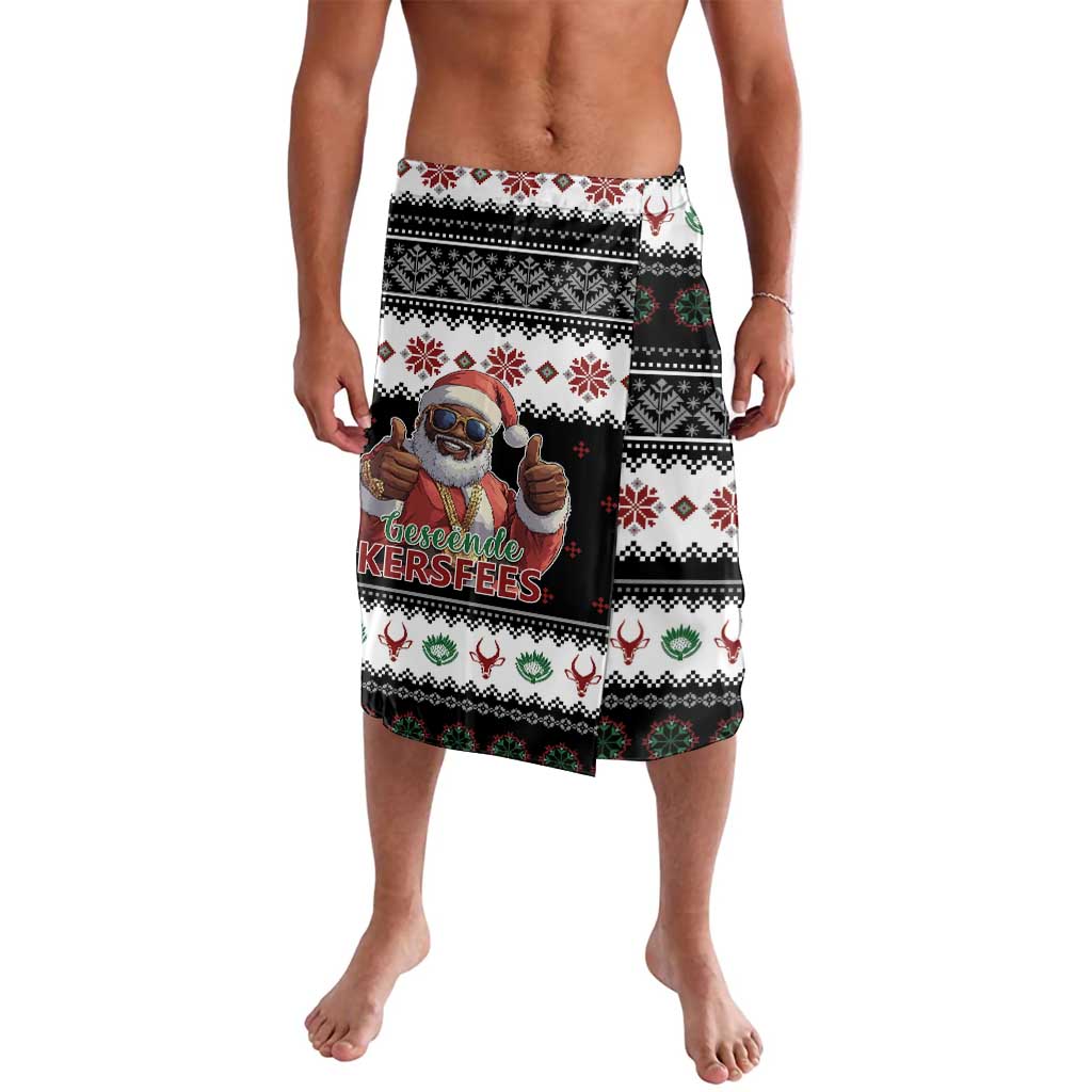 Christmas graphic lavalava sarong-style shorts, black with Santa character front panel