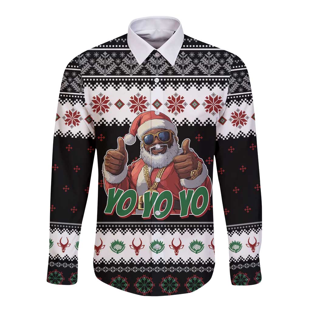 Black long-sleeve button shirt, Santa graphic with red/white fair isle pattern