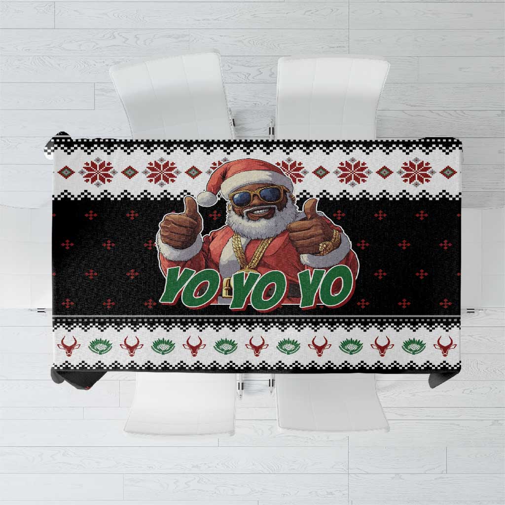Black Christmas tablecloth with hip hop Santa print and red/white patterned border