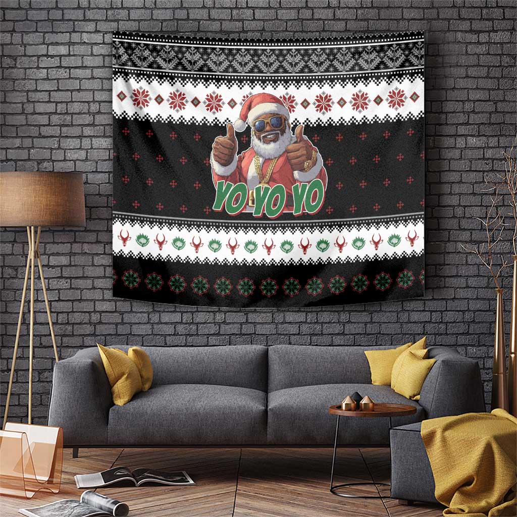 Black Christmas tapestry with hip hop Santa graphic, hanging rectangular wall decor