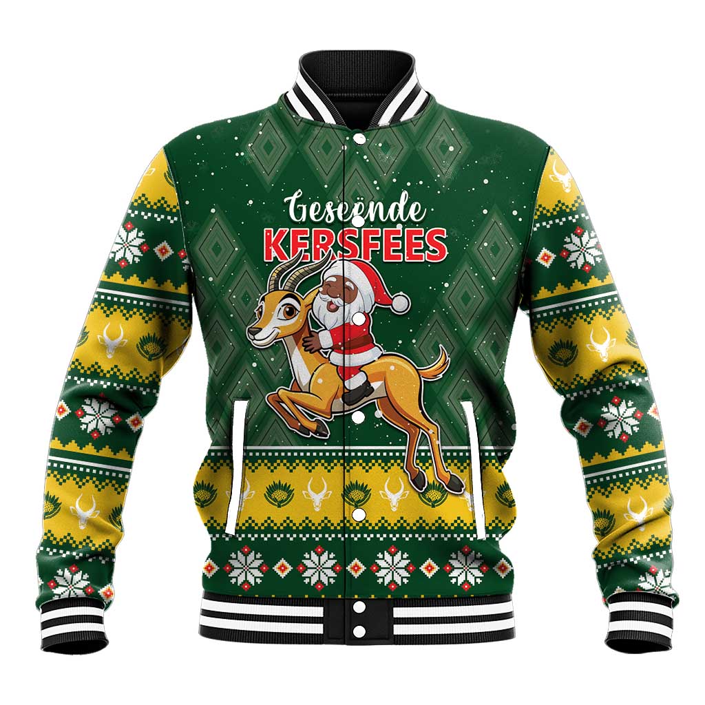 Green baseball jacket with striped ribbed collar, button front, and festive Santa riding graphic