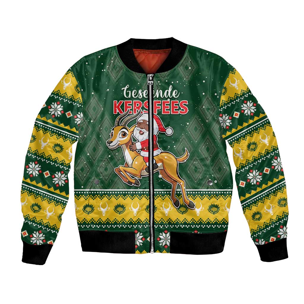 Unisex green Christmas bomber jacket with Santa riding springbok, front zipper and festive print