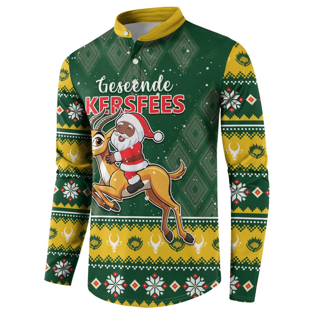 Green button sweatshirt with yellow collar and Santa riding springbok front graphic