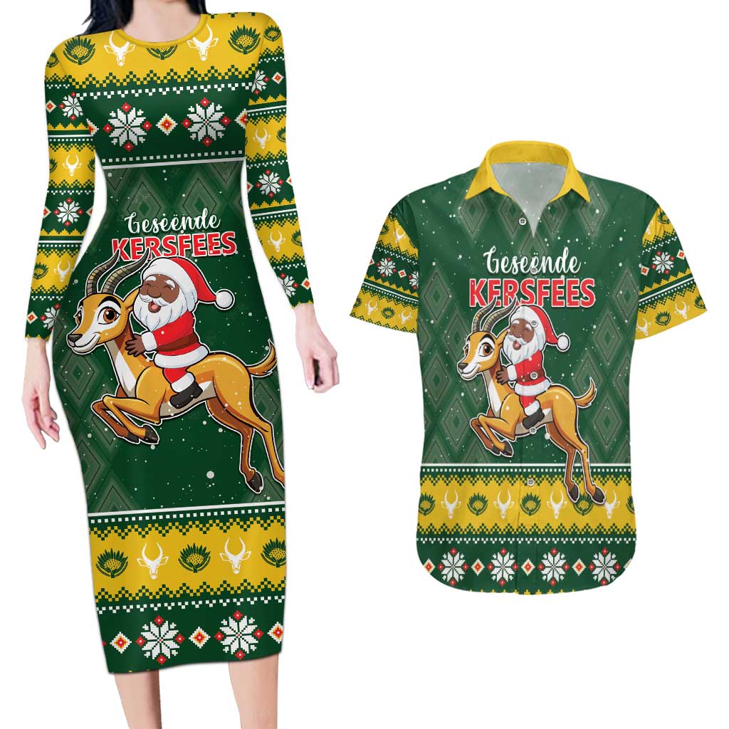 South Africa Christmas Couples Matching Long Sleeve Bodycon Dress and Hawaiian Shirt Funny Santa Riding Springbok LT05 - Wonder Print Shop