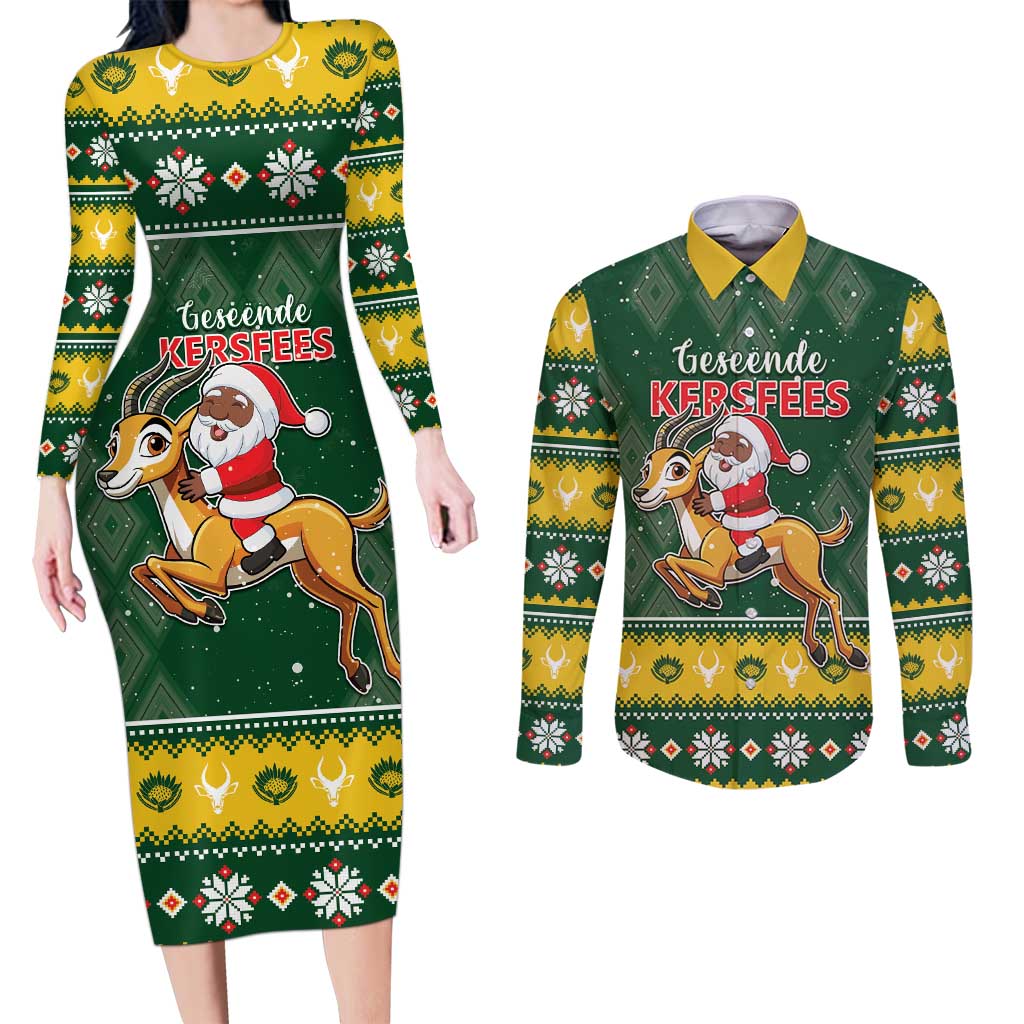 South Africa Christmas Couples Matching Long Sleeve Bodycon Dress and Long Sleeve Button Shirt Funny Santa Riding Springbok LT05 - Wonder Print Shop